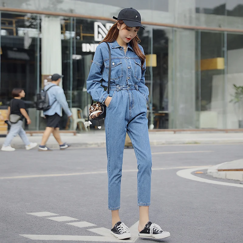 New Blue Bodycon Jeans Jumpsuit Women Elastic High Waist Rompers Pocket Long Sleeve Bodysuit Fashion Tunic Ladies Denim Overalls