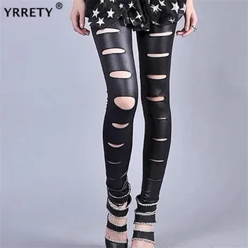

YRRETY Shiny Pants Leather Leggings Strech Black Holes Ripped PU Leggings Punk Rock Women Leggins Casual Jeggings Dancing Pant