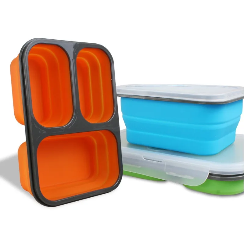 3 Cells Silicone Portable Collapsible Folding Bento Lunch Box With