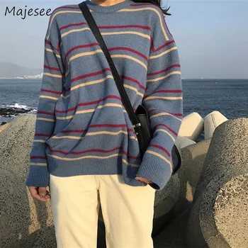 

Pullovers Women Striped Loose Korean Style Student Simple All-match O-Neck Tops HOT Womens Harajuku Knitted Ladies Sweaters New
