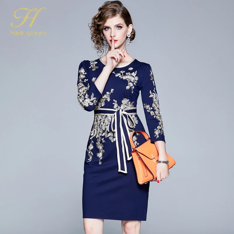 Navy H han queen/осеннее платье года модные пикантные облегающие платья до колена с вышивкой Женские Элегантные Вечерние Повседневные платья на шнуровке - Цвет: Navy