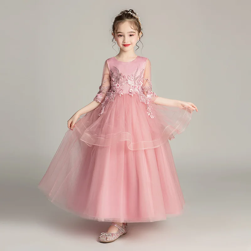 pink 1 Новинка года; длинное платье с цветочным узором для девочек; кружевное платье с вышивкой бисером; элегантное детское торжественное платье для свадебной вечеринки; бальное платье-пачка для девочек - Цвет: pink 1