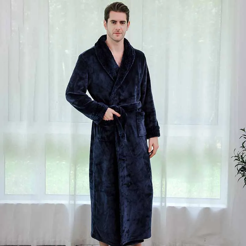 Navy Blue Men Зимнее плотное теплое Коралловое флисовое женское мужское кимоно халаты Эротическое белье Ночная рубашка ночное белье платье подружки невесты - Цвет: Navy Blue Men