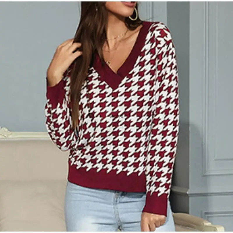 christmas sweaters Sexy Knitted Women Houndstooth Sweater Elegant Deep V-Neck Long Sleeve Warm Pullovers Female 2021 Autumn Lady Causal Knit Jumper ladies cardigans