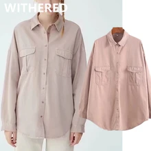 

Dave&Di 2021 england style high street vintage washed big pockets cargo boyfriend denim shirt blouse women blusas plus size