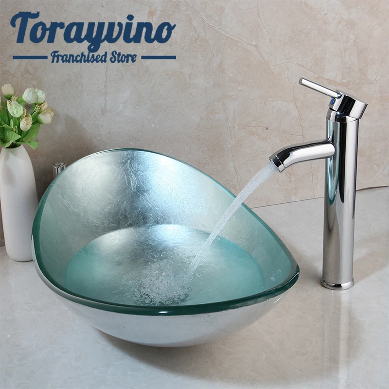Torayvino-楕円形の浴室の洗面台,強化ガラスのカウンタートップの蛇口のセット,真ちゅう製の洗面化粧台 AliExpress