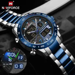 NAVIFORCE, роскошные Брендовые мужские часы, военные, светодиодный, цифровые, спортивные наручные часы для мужчин, s стальной ремешок