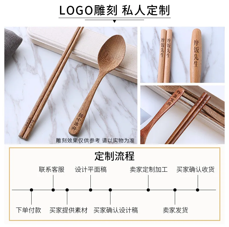 Customizable Lettering Chopsticks Spoon Tableware Set Wood Students Chopsticks Spoon Three-piece Set Portable Travel Tableware G