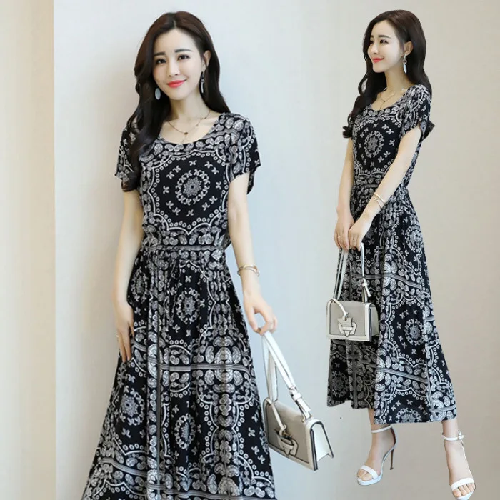 

2020 Summer New Style Floral-Print Long Skirts Large Size Dress Cover Meat Slimming Fat Mm Printed Chiffon Dress by Age