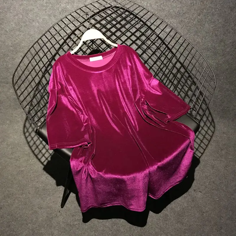 rose red Новое поступление, Женская бархатная футболка, короткий рукав, Ретро стиль, свободные повседневные топы, женская одежда, большие размеры, футболка, femme camiseta mujer - Цвет: rose red