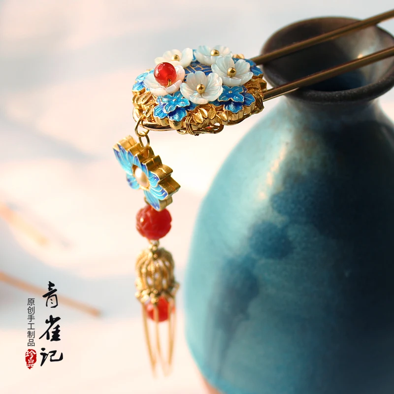 vintage handmade shell tassel Cloisonne hairpin sticks cheongsam Headwear do-up tools for hair bun kimono COSPLAY