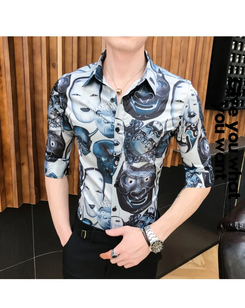 Модная мужская рубашка с принтом, Camisa Masculina, облегающие повседневные рубашки, летние мужские Клубные уличные рубашки, Chemise Homme