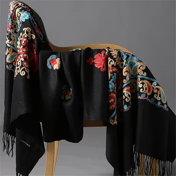 

Shawl Warm Scarves new Oversize Shawl Winter Fine Tassels Scarf Women fashion Embroider Flower elegant женский шарф black Scarf