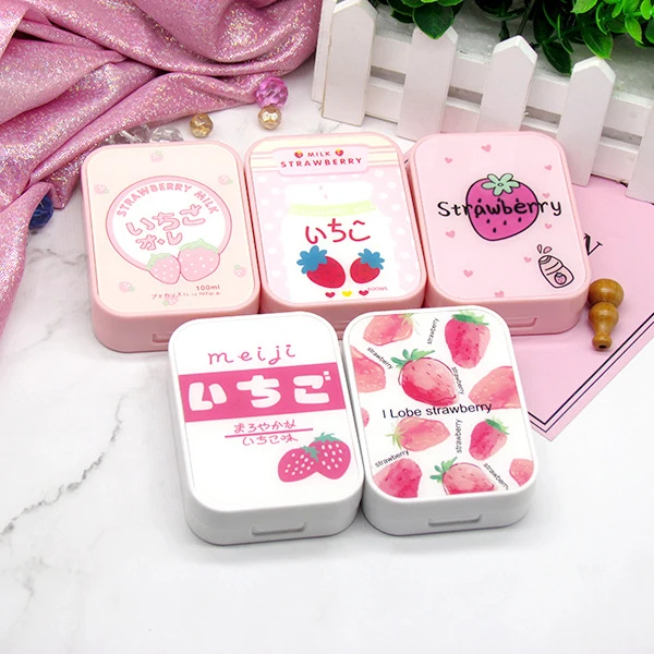 Contact lenses tools Strawberry Contact Lens Case Stick Mirror Set Contact Lens Partner Container Storage Holder