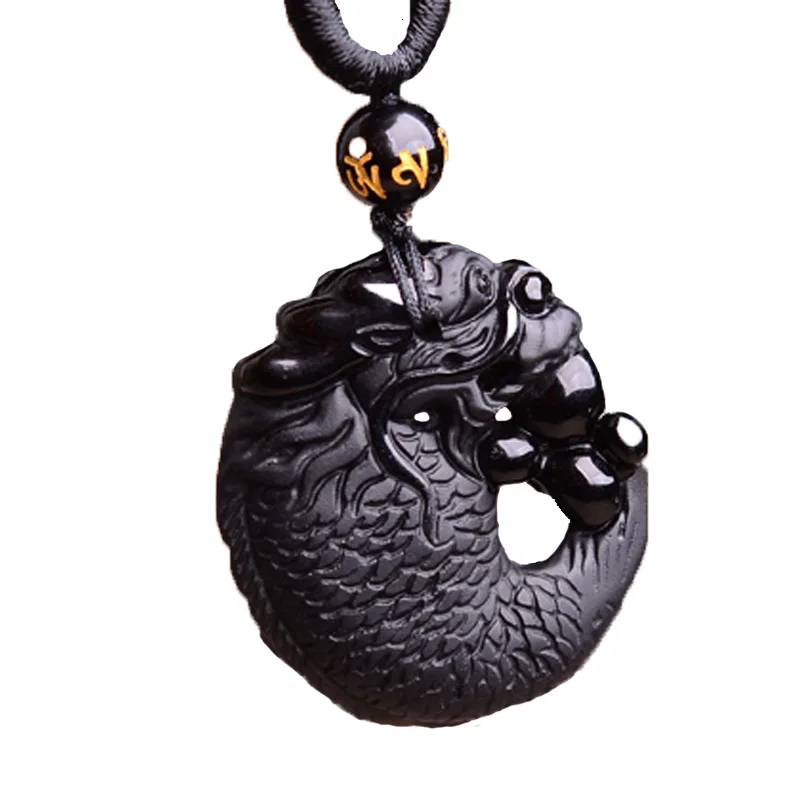 Natural Energy Stone Black Obsidian Chinese Dragon Lucky Amulet Necklace Pendant 