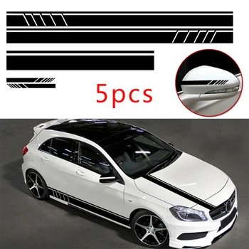 

Durable And Practical 5pcs Car Side Body Door Racing Stripe Vinyl Hood Roof Decals Sticker Decor Black