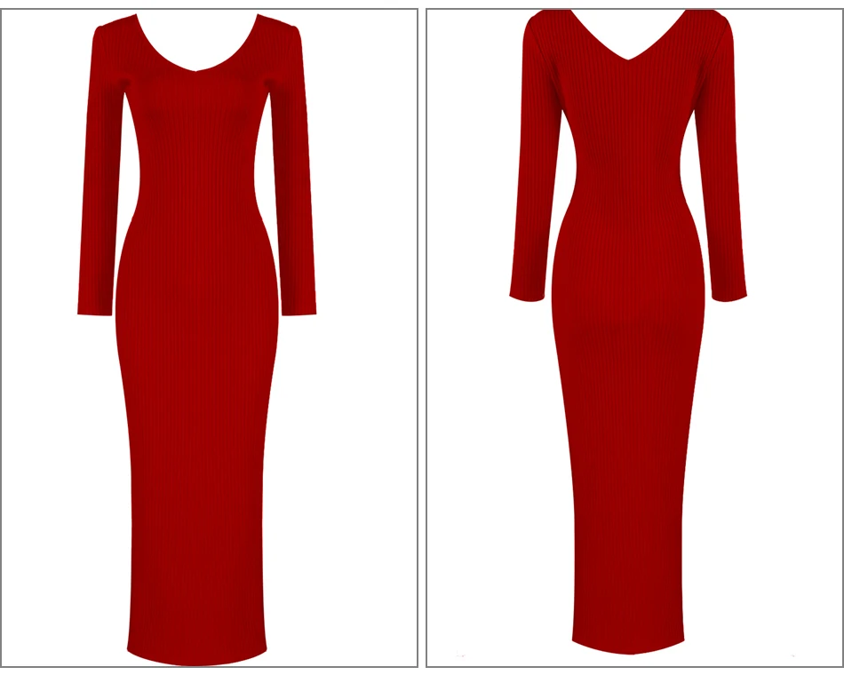 Осеннее новое женское красное и желтое вязаное облегающее платье модное сексуальное длинное секционное боди с воротником и длинными рукавами Клубные вечерние платья