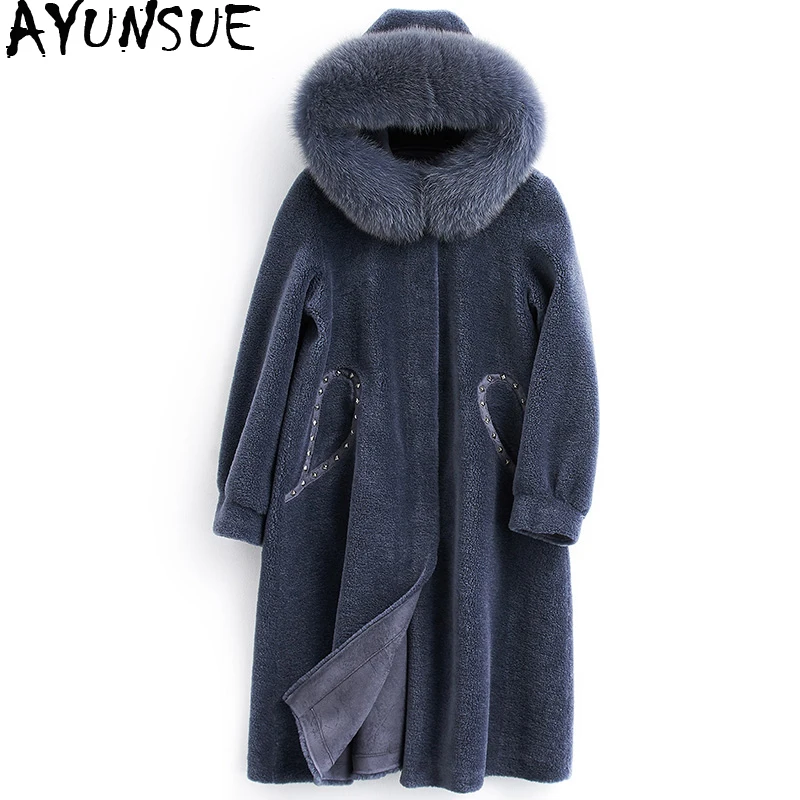 

AYUNSUE Real Fur Coat Female Fox Fur Collar Sheep Shearling Fur Jackets Winter Jacket Women 100% Wool Coat Korean Outwear MY3825