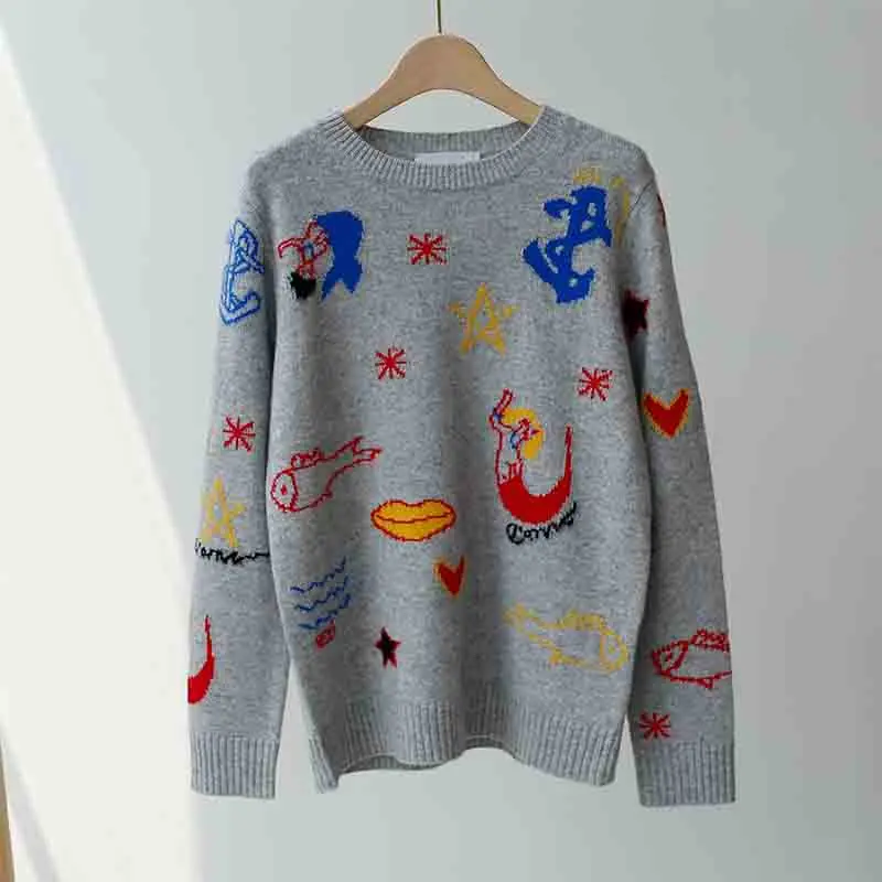 

Women Sweater 19th Autumn and Winter New Mermaid Embroidery Retro Sweater Pure Cashmere Sweater