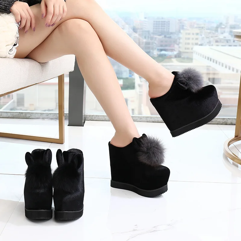 

LTARTA 2019 Autumn And Winter Slope Increased sandals , Rabbit ears Hair sandals , 15CM wedges Black Platfrom Shoes ZYW-652-23