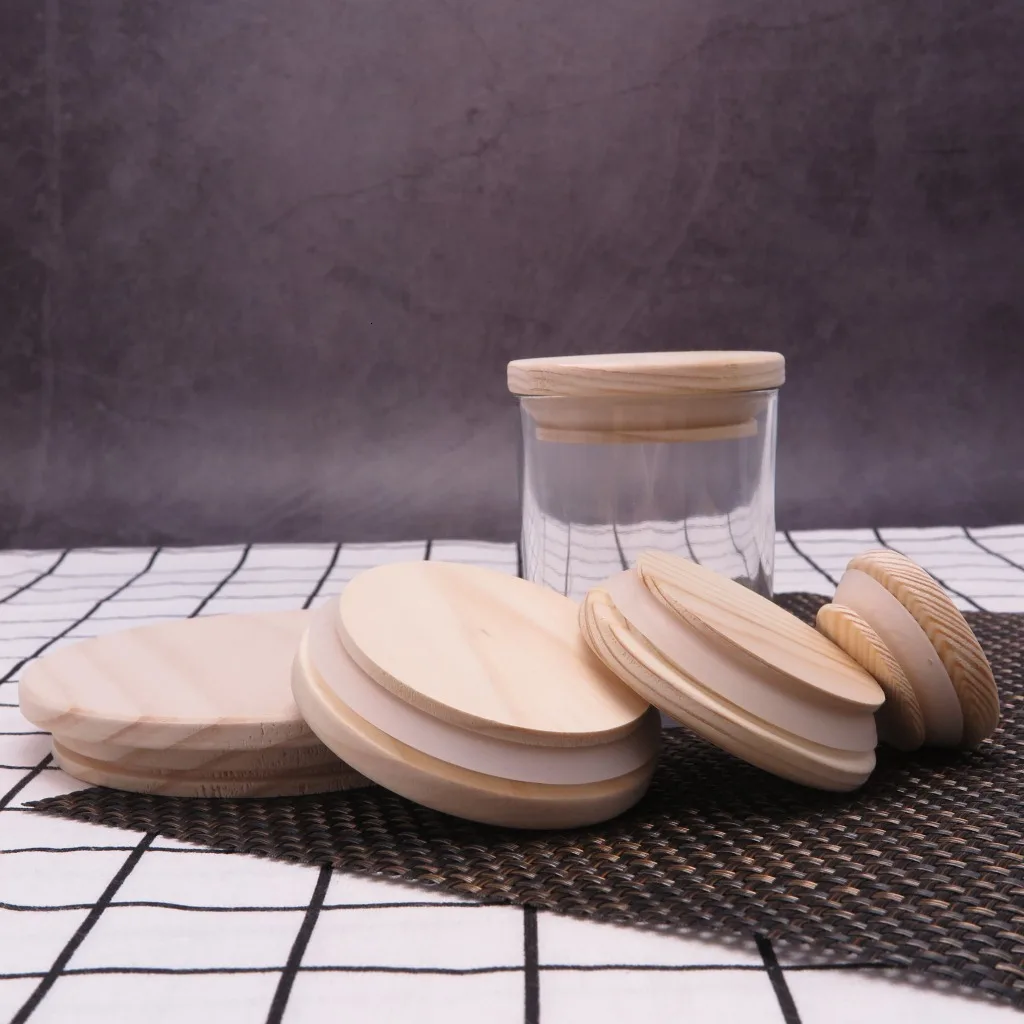 Wooden Jars Lids Silica Gel Circle Seal Up Cover Pine Wood Cover Flower Wood Cover Seal Up Canister Jars Cover candle jar