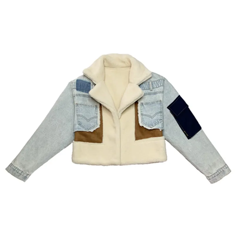 price cut  Stylish Color Blocking Denim Fabric Patchwork Lamb Wool Coat Women Thick Warm Winter Jacket Woman F