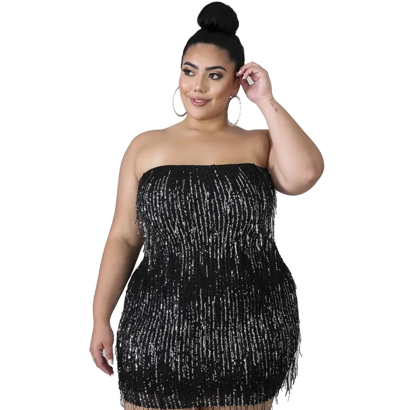 Xl-5XL Mini Dress Sequined Off The Shoulder  Robe Sexy Party & Clubwear Sleeveless Plus Size Women Party Out (3)