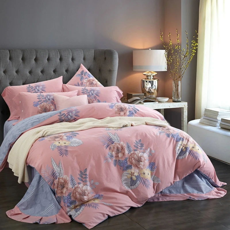 Розовый комплект постельного белья с цветами 4 шт. queen King size 100% хлопок принт пододеяльник простыни с наволочкой домашний текстиль