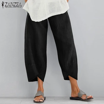 

Autumn Cropped Pants Women's Tousers 2020 ZANZEA Casual Elastic Waist Irregular Pantalon Kaftan Female Linen Pants Oversized 5XL
