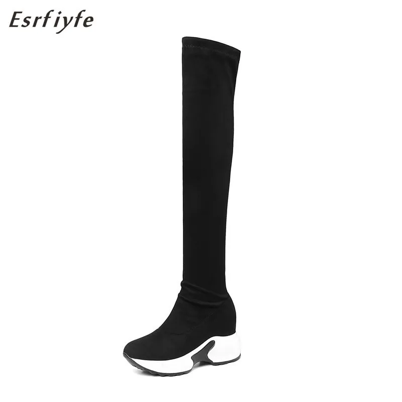 

ESRFIYFE 2020 New Stretch Fabrics Over The Knee Boots Height Increasing Round Toe Women Shoes Autumn Winter Casual Long Boots