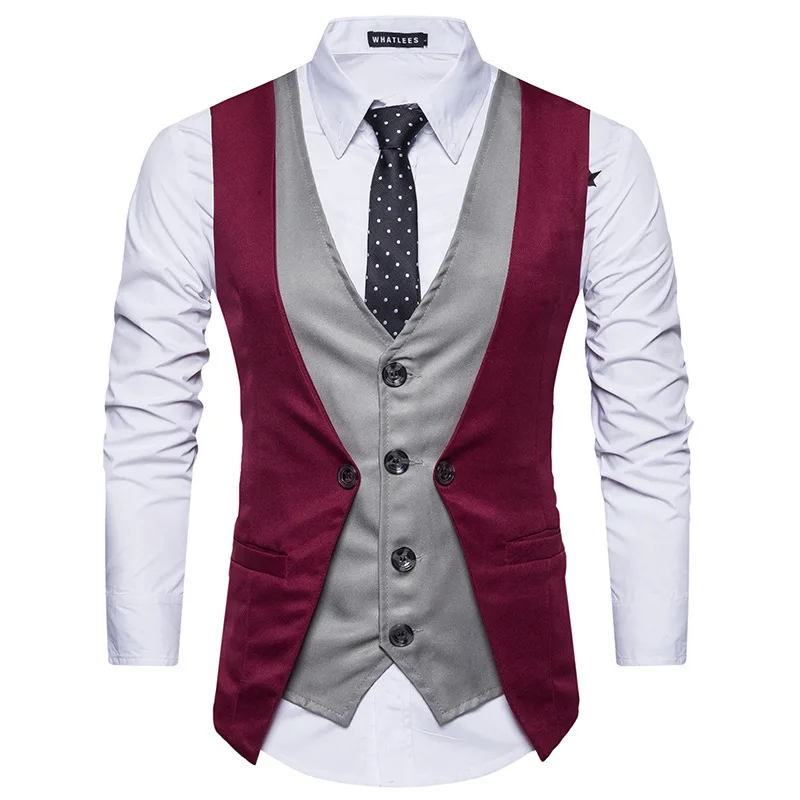 Men's Personality Stitching Fake Two Single-breasted Recreational Waistcoats with V-neck Mens Vest Fancy Vest Suit Vestdouble Men's Personality Stitching Fake Two Single-breasted Recreational Waistcoats with V-neck Mens Vest Fancy Vest Suit Vestdouble