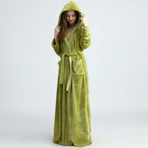 women green Роскошный удлиненный фланелевый теплый халат для мужчин и женщин, Утепленное зимнее кимоно, банный халат для мужчин размера плюс, Халат с капюшоном - Цвет: women green