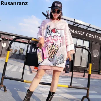 

2019 Long Knitted Sweater Dresses Pearl Sequins Ice Cream Hip Hop Brand Pullovers