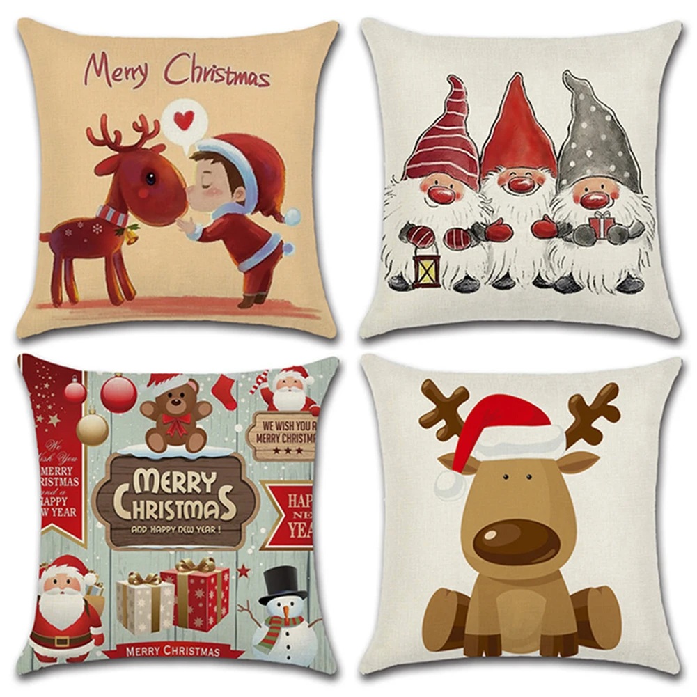 

4PC Christmas Pillow Case Santa Cotton Linen Soft Bedroom Throw Home Pillowcase