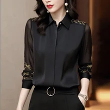 

FOR Women Spring Autumn Style Chiffon Blouses Shirts Lady Embroidery Long Sleeve Turn-down Collar Lace Decor Blusas Tops DF0004