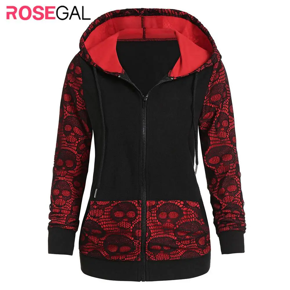 ROSEGAL Autumn Skull Graphic Lace Panel Zip Up Hoodie For Women Long Sleeve Sweatershirts Halloween Casual 2019 | Женская одежда