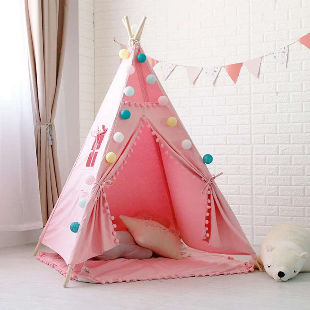 

Children's Tent Canvas Original Triangle Tipi Portable Foldable Lace Cartoon Baby Tents Kids Outdoor Game Entertainment House