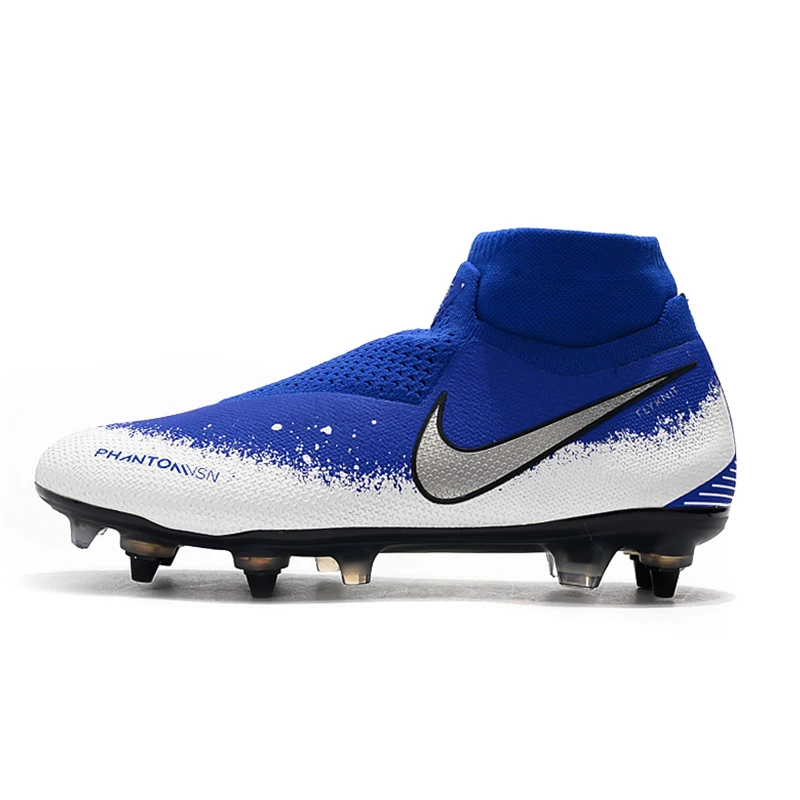 Nike Phantom VSN Elite DF SG-Pro Anti-сабо; большие размеры 39-45 высокие ботильоны футбольные бутсы обувь Футбол бутсы Для мужчин Бутсы Обувь для футбола - Цвет: Blue White Silver