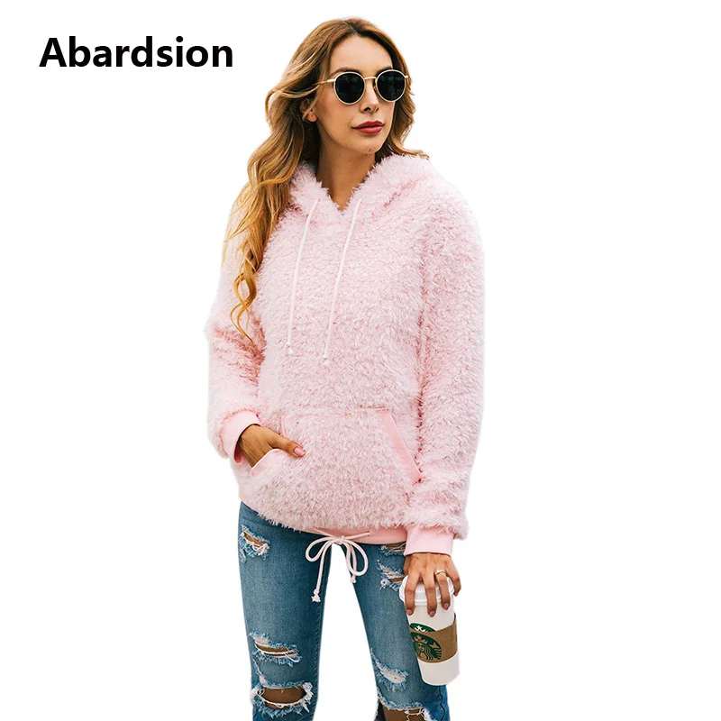 Abardsion/ зимние толстовки из искусственного меха, женская теплая толстовка, пуловер, повседневный розовый, коричневый, длинный рукав, толстовка с капюшоном