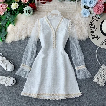 

First song Ladies sexy hollow tassel O-neck lace dress 2019New autumn long-sleeved white wool beaded mesh ladies long dress XL