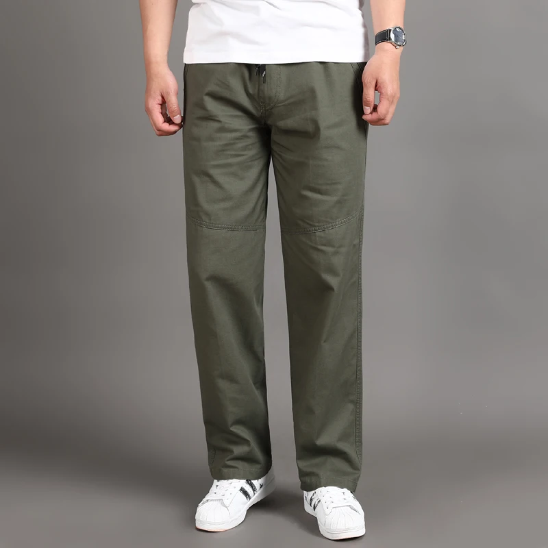 Casual Pants Men Four Seasons 95% Cotton Trousers Multi Pockets Loose Straight Jogging Pants Middle Aged M-6XL