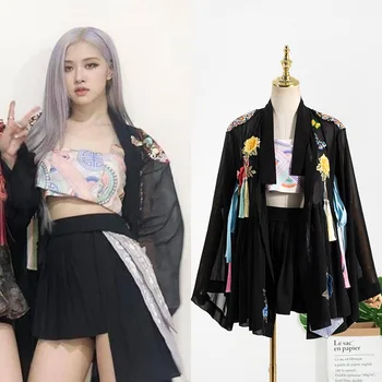 

3 Piece Sets 2020 BLACKPINK Rose Embroidered Black Cardigan Women Mini Skirt And Vest Top Female Bouse Streetwear Hot Sale L676