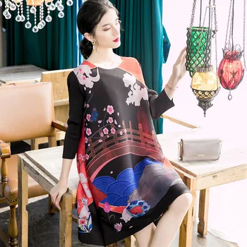 

COIGARSAM 2020 New Spring Fashion Women dress Loose Print Slim Fat Reduction Age Dresses Black 80213
