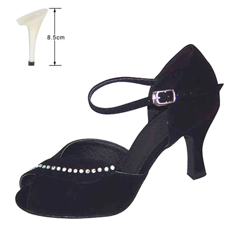 black 8.5cm indoor Обувь для латинских танцев, сальса, Женская атласная кожа, уникальный дизайн, атласная Обувь для бальных танцев, обувь для танго - Цвет: black 8.5cm indoor