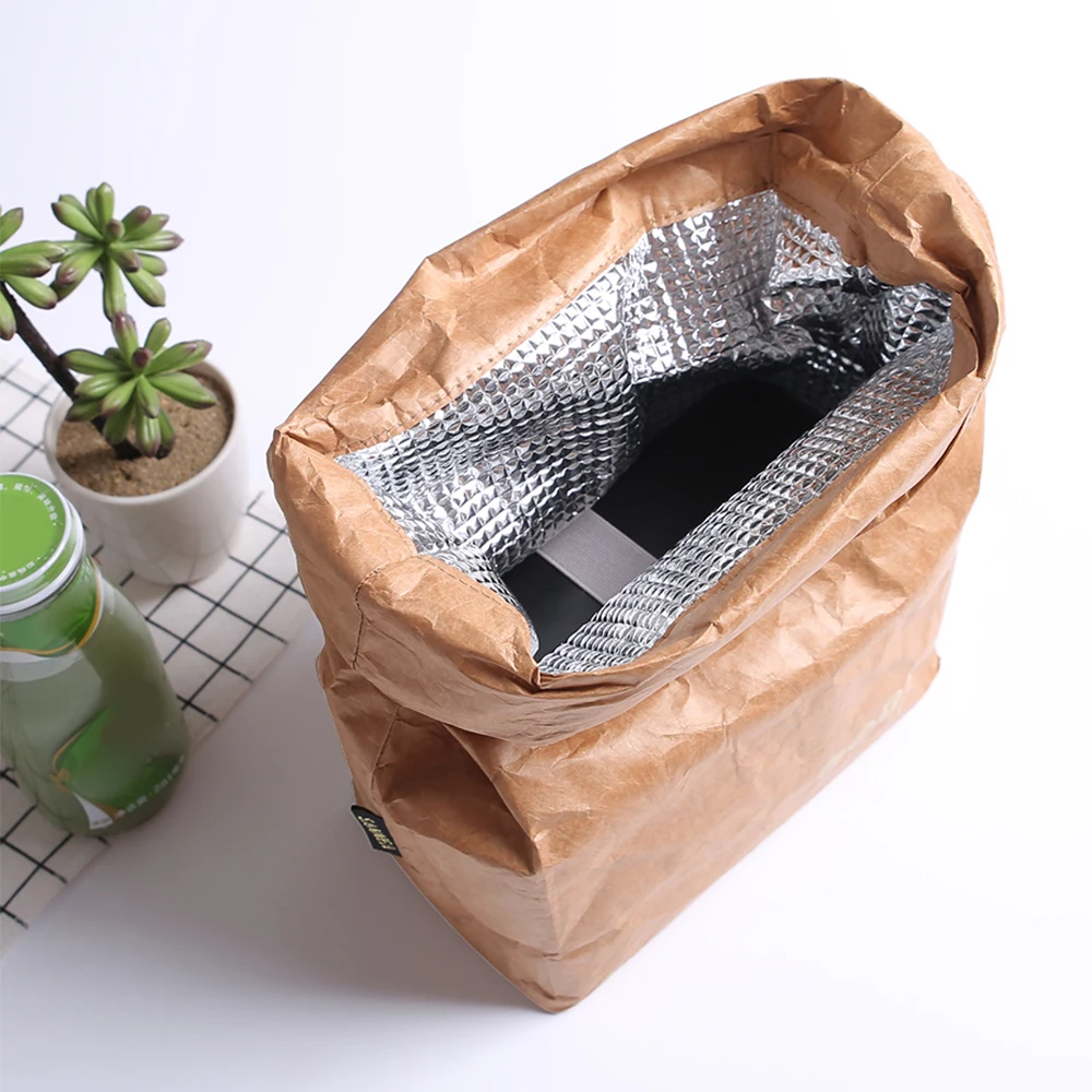 2 Packs Insulated Lunch Bag Eco-friendly Picnic Bag Leakproof Brown Paper Picnic Bags Reusable Paper Bento Pouch