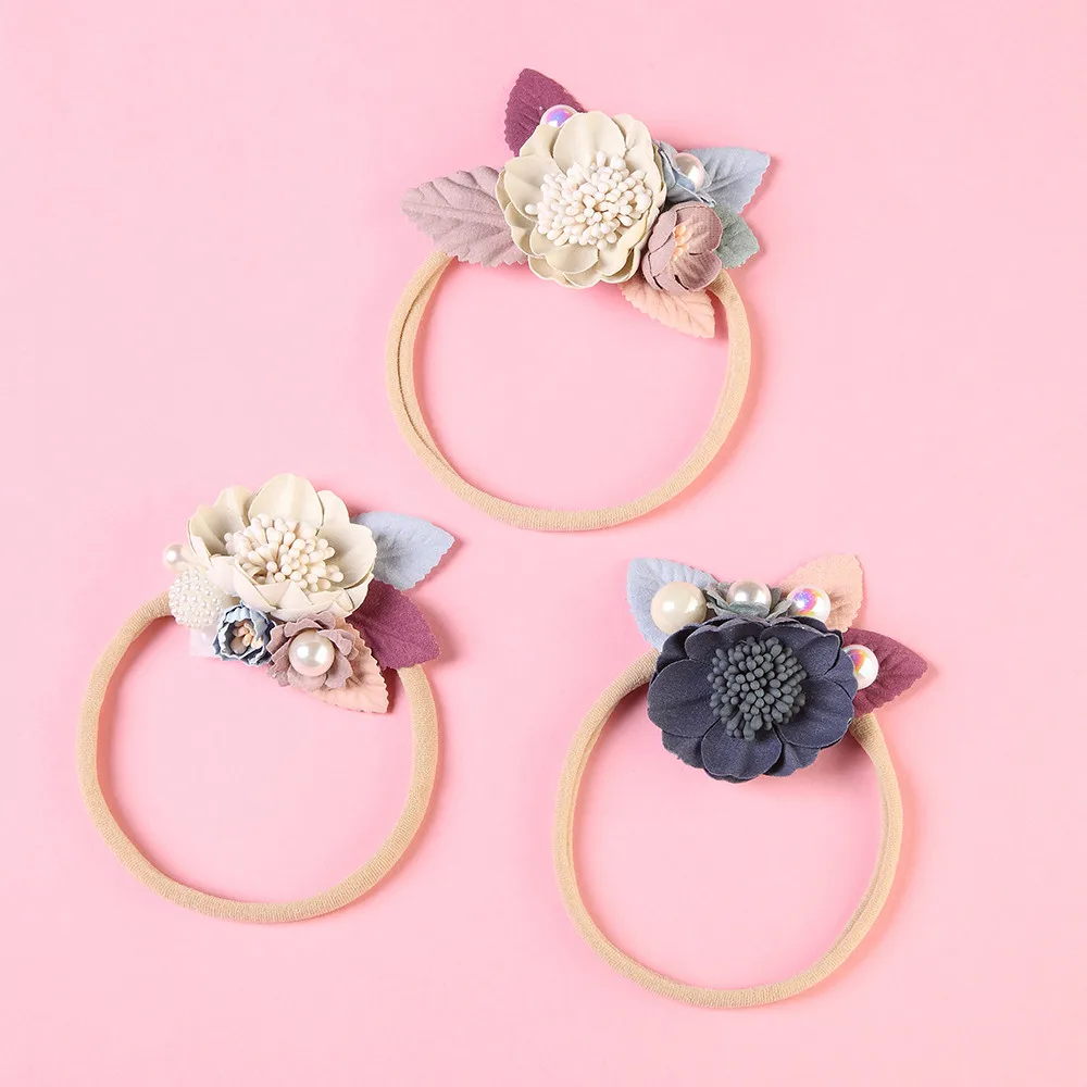 

3PCS Girls Nylon Flower Headband with Pearl, Vintage Floral Hair Bows Elastic Hairband for Kids Headwear Hair Accessories