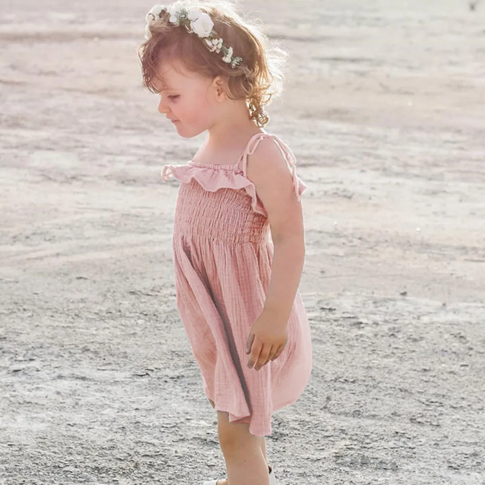 

Cotton Dress For Girl Summer Children Dresses Kids Girl Sleeveless Solid Strap Beach Casual Spring Toddler Clothes