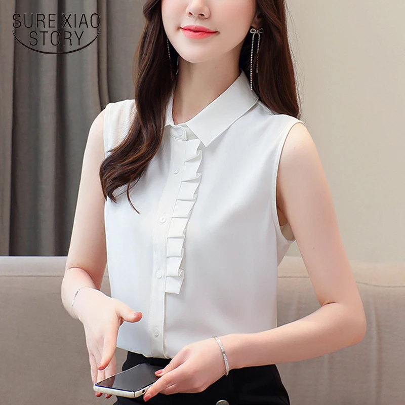 White POLO Collar OL Blouse Woman Sweet Simple Sleeveless Chiffon Blouse Female Summer New 