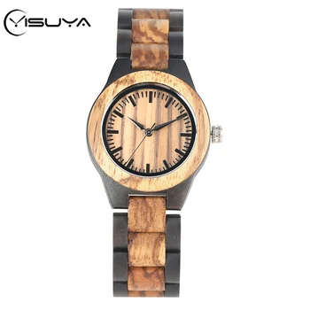 

YISUYA Women Wood Watches Vintage Stripe Dapple Pattern Quartz Wristwatch Natural Wooden Band Creative Sport Fashion Clock Gift