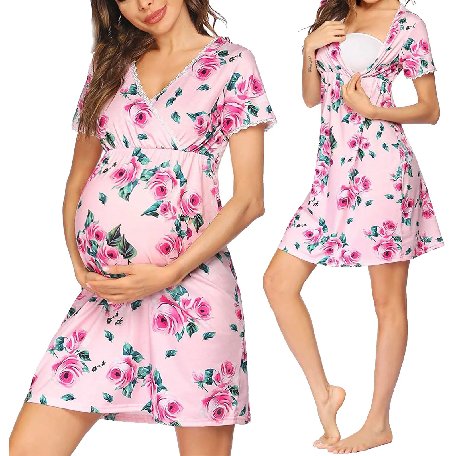 

Maternity Pajamas Pregnant Women Nightdress Lace Floral V-neck Breastfeeding Nightgown Nursing Sleepwear Pregnancy Nightwear